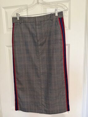 Zara Gray Plaid Pencil Skirt with Red & Blue Side Stripes